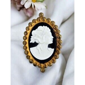 Victorian Cameo Brooch Vintage Molded Celluloid Black White Estate Jewelry Pin